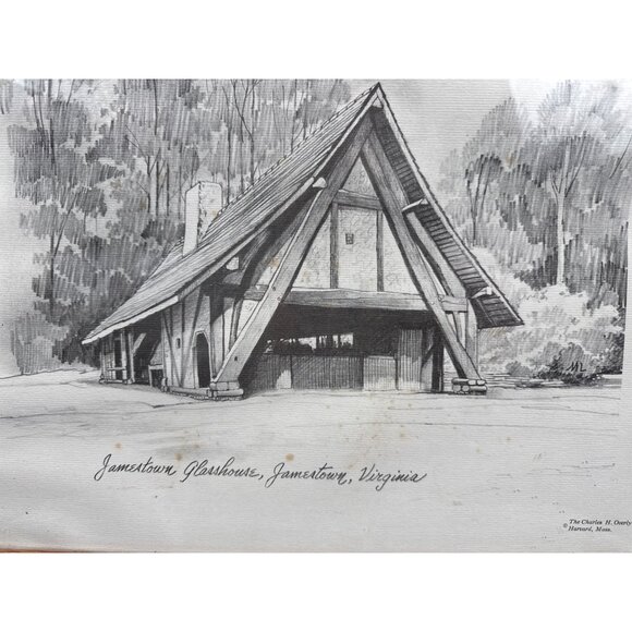 Framed Charles H. Overly Studio Print Of Jamestown Glasshouse Virginia In Wooden - Picture 2 of 7